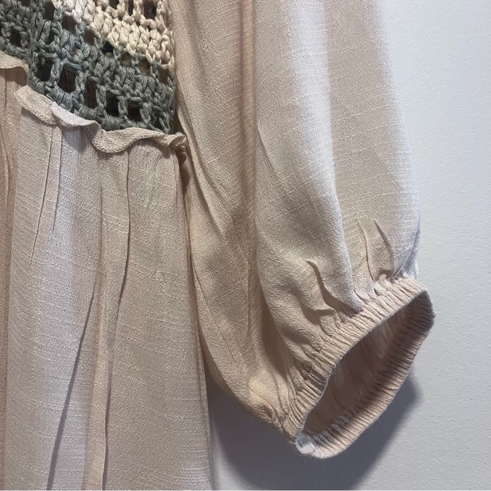 Easel Los Angeles Boho Crochet Babydoll Top Cottagecore Neutral Blouse - Picture 4 of 10